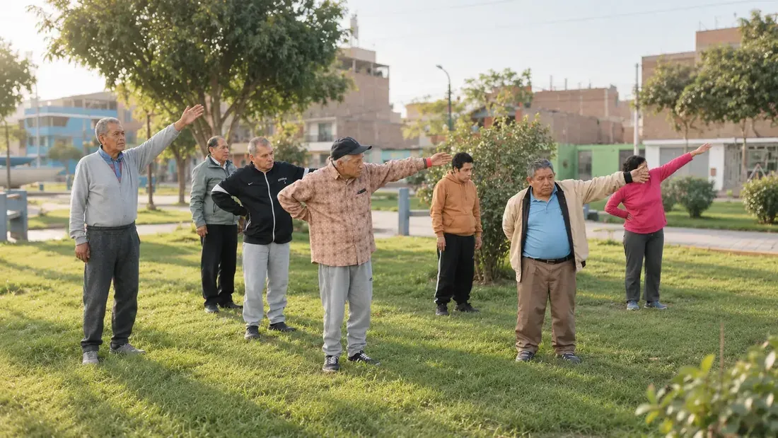 Grupo de adultos mayores haciendo ejercicios de brazos al aire libre