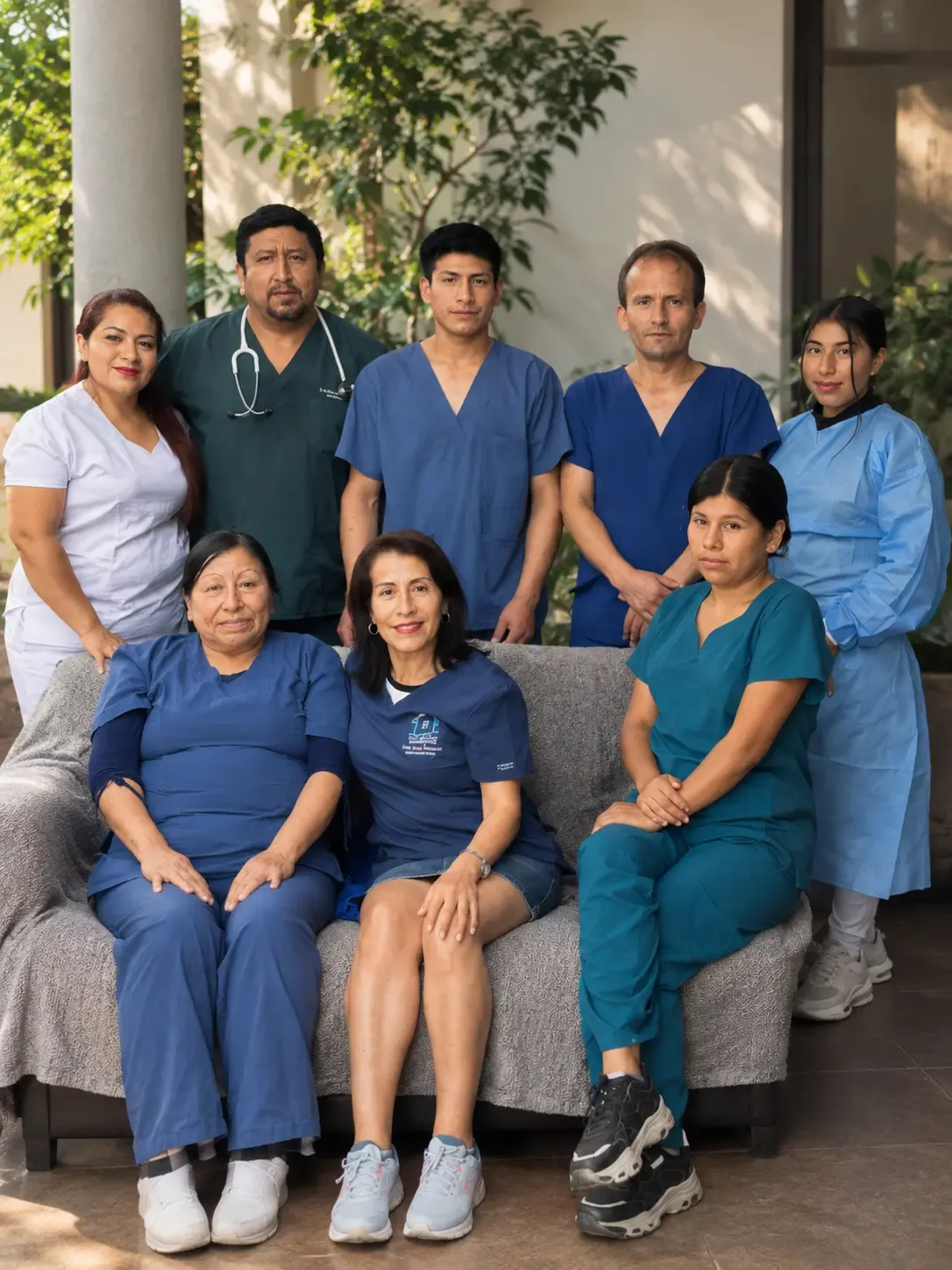 Las ocho personas del equipo, con uniforme sanitario, reunidas en el patio de la casa