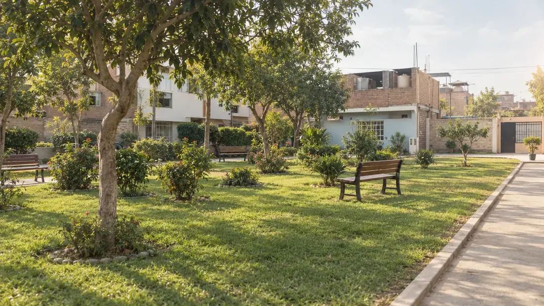 Jardín con árboles, césped y bancas para descansar al aire libre